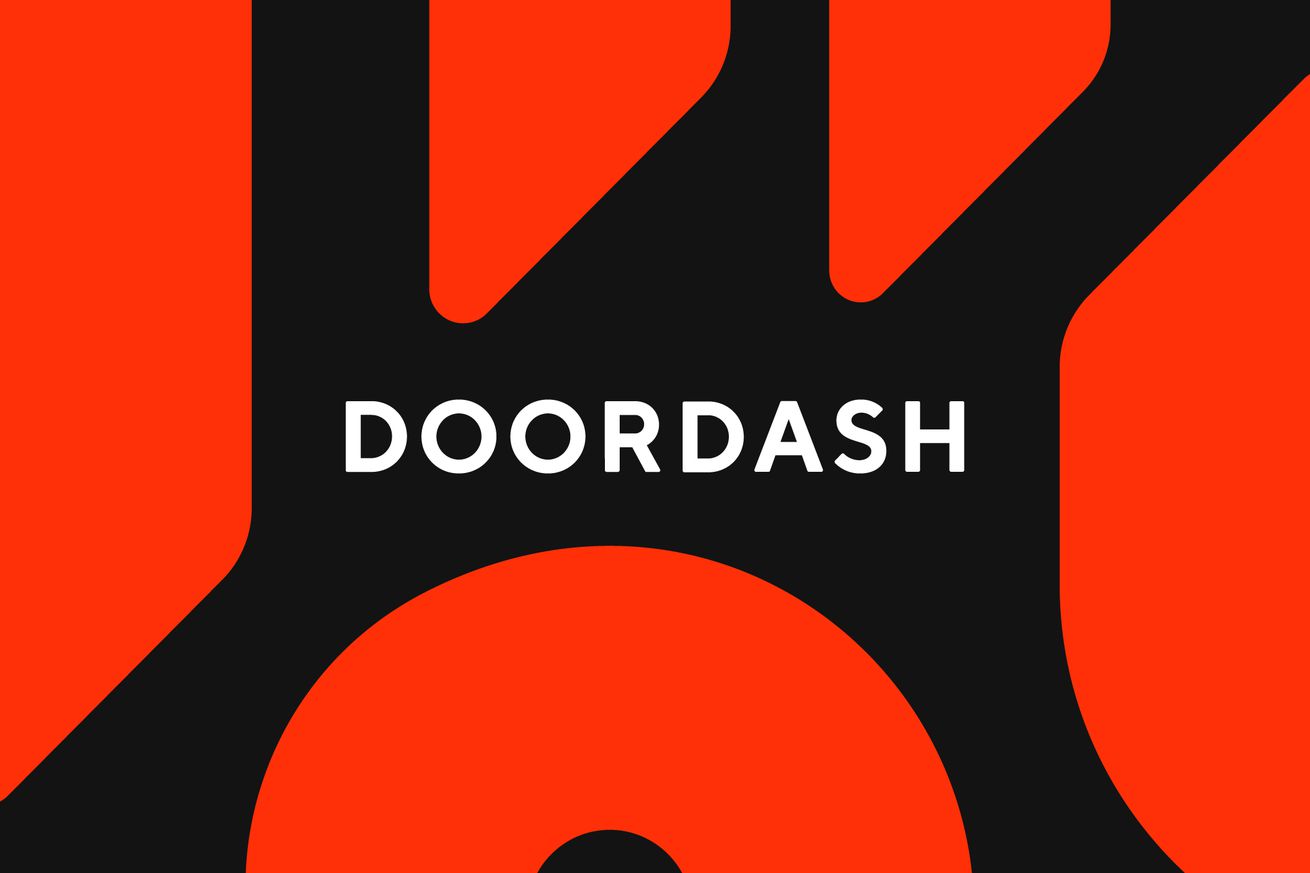 A black and red vector illustration with the word DoorDash. 